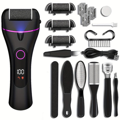Electric Foot Callus Remover 14-in-1 Rechargeable Pedicure Kit with 3 Rollers 2 Speeds USB Powered Foot File Scrubber Dead Skin Remover for Cracked Heels Home Salon Use Black Purple