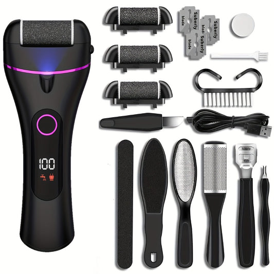 14-in-1 Rechargeable Electric Foot Remover Kit - Professional Pedicure Set with 3 Rollers, 2 Speeds, Battery Display, Foot File, Foot Scrubber, USB Powered, Lithium Battery, Plastic Material, Includes Power Adapter, No Display, for Home and Salon Use, Sal