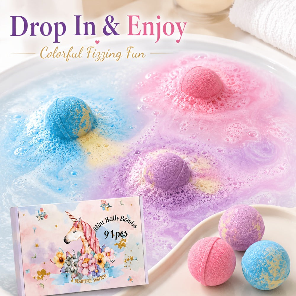 Mini Bath Bombs Gift Set 91 Pack - Colorful Fragrant Bath Fizzies 15g Each, 3 Scents Assorted | Bulk Holiday Gift for Birthdays, Christmas, Easter, Halloween & Valentine's Day