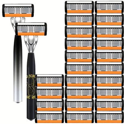 Men's Safety Razor Set – 2 Anti-Slip Handles & 24 Ultra-Sharp Replaceable Stainless Steel Blades | Smooth, Painless Shave | Luxury Shaving Kit for Men