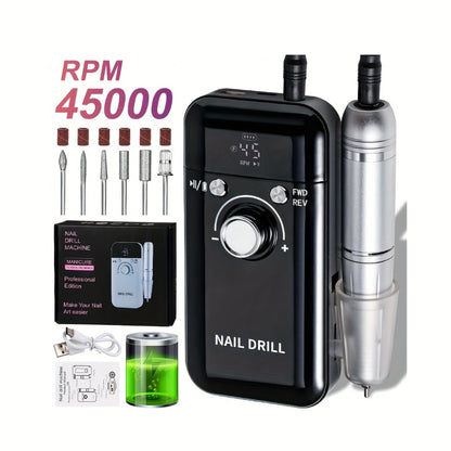 Professional Nail Drill 45000 RPM Rechargeable Electric Nail File Kit Low Noise with Drill Bits & Sanding Bands Manicure Pedicure Polishing Set for Salon Home