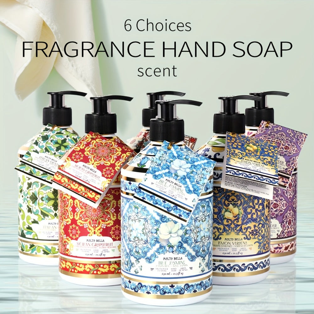 2 Bottles (21.3fl.oz Each) Liquid Hand Soap Suitable for All Skin Types, 6 Scent Infused Foam Formula with Floral Press Bottle, Ethically Made Gel & Fragrance for Hands, Hygienic Cleaning for, Office, Travel -