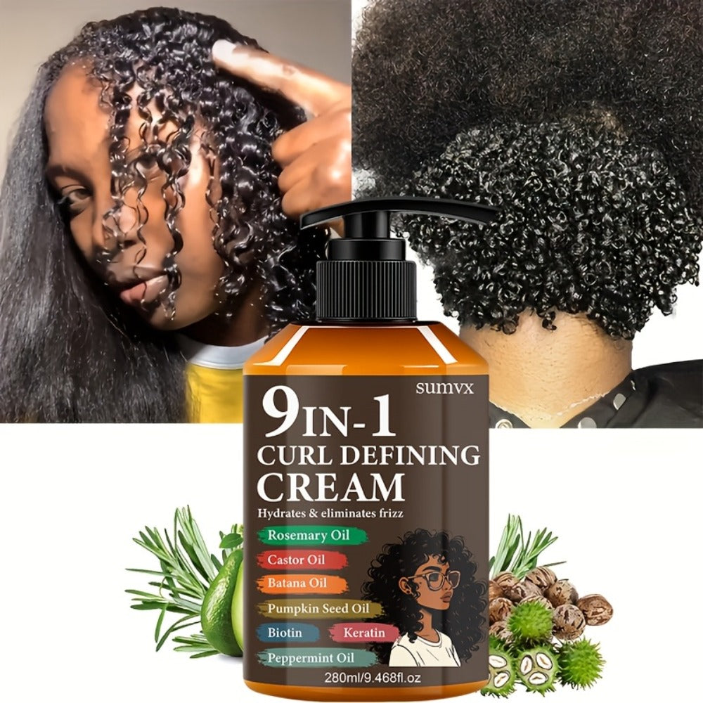 Curl Defining Cream 9-in-1 9.468 fl oz Moisturizing Long-Lasting Hold Frizz Control Non-Greasy Wavy Curly Normal Hair Unisex Multi-Benefit Styling Cream for Defined Bouncy Healthy-Looking Curls