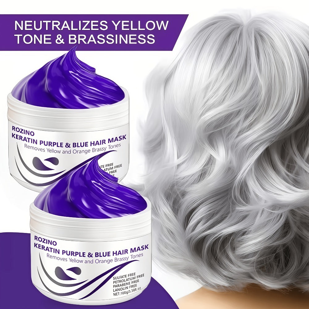 Purple Hair Mask Toner 2-Pack 3.53oz | 72-Hour Moisturizing Removes Brassiness Yellow Tones | Violet Keratin Rosemary | Smooths Frizzy Dry Hair in 3 Min | Blonde Platinum Gray