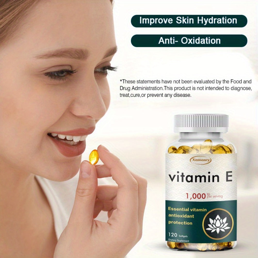 Vitamin E 1000IU - Immune Support, Promotes Hair, Skin, Nails, Eye Health, Gluten-Free Antioxidant Supplements - 120pcs
