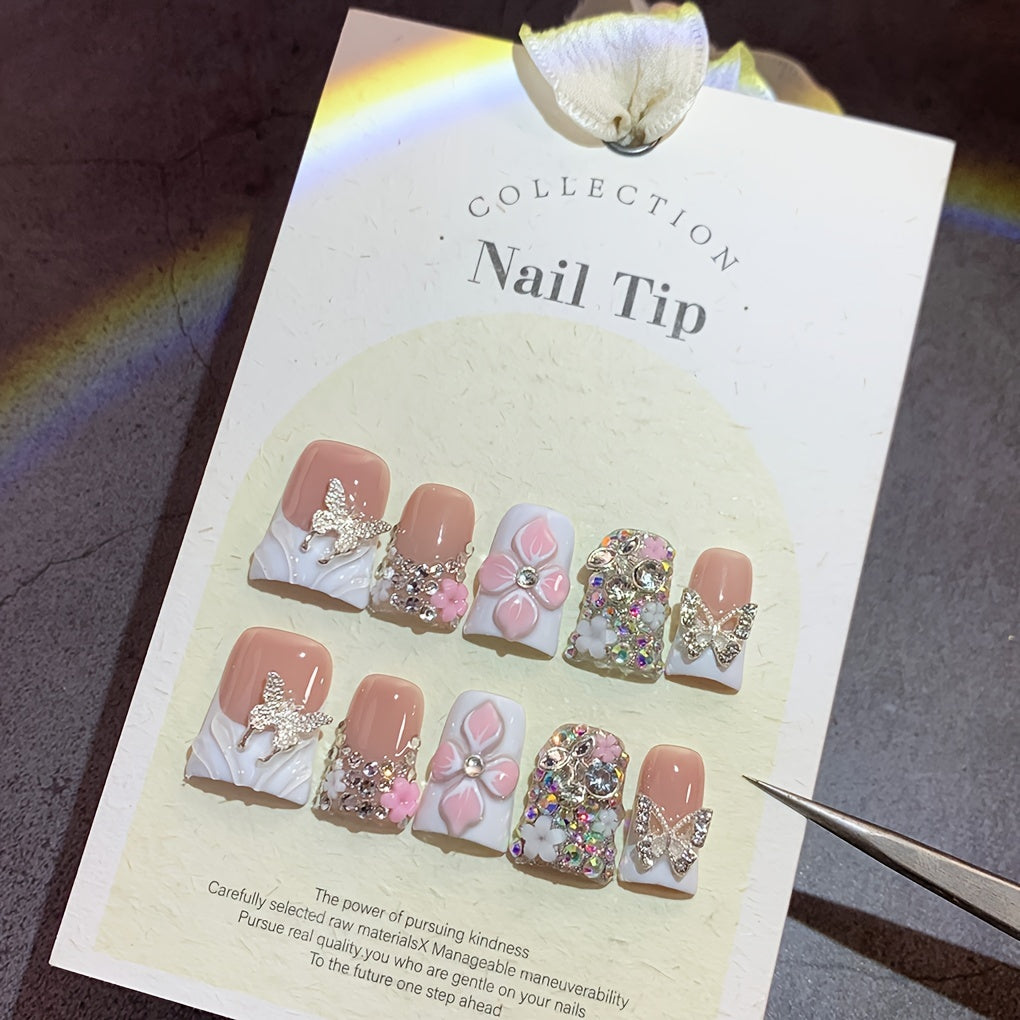 10pcs Short Duckbill White French Matching Golden Glitter Butterfly Hand-carved Flower Pinched Butterfly Flower Gorgeous Nail Art Pure Hand-worn Nail Artificial Nails Suitable for Wedding Party Daily Birthday Gifts