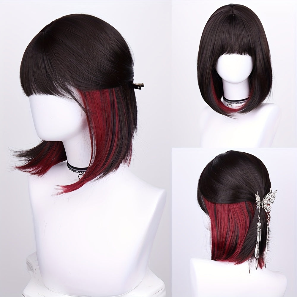 Synthetic Bob Wig with Bangs Ombre Color — 150% Density, Short Straight, Rose Net Cap, Brown Black with Wine Red, Pink or Green, 16 Inch, Halloween Cosplay Party