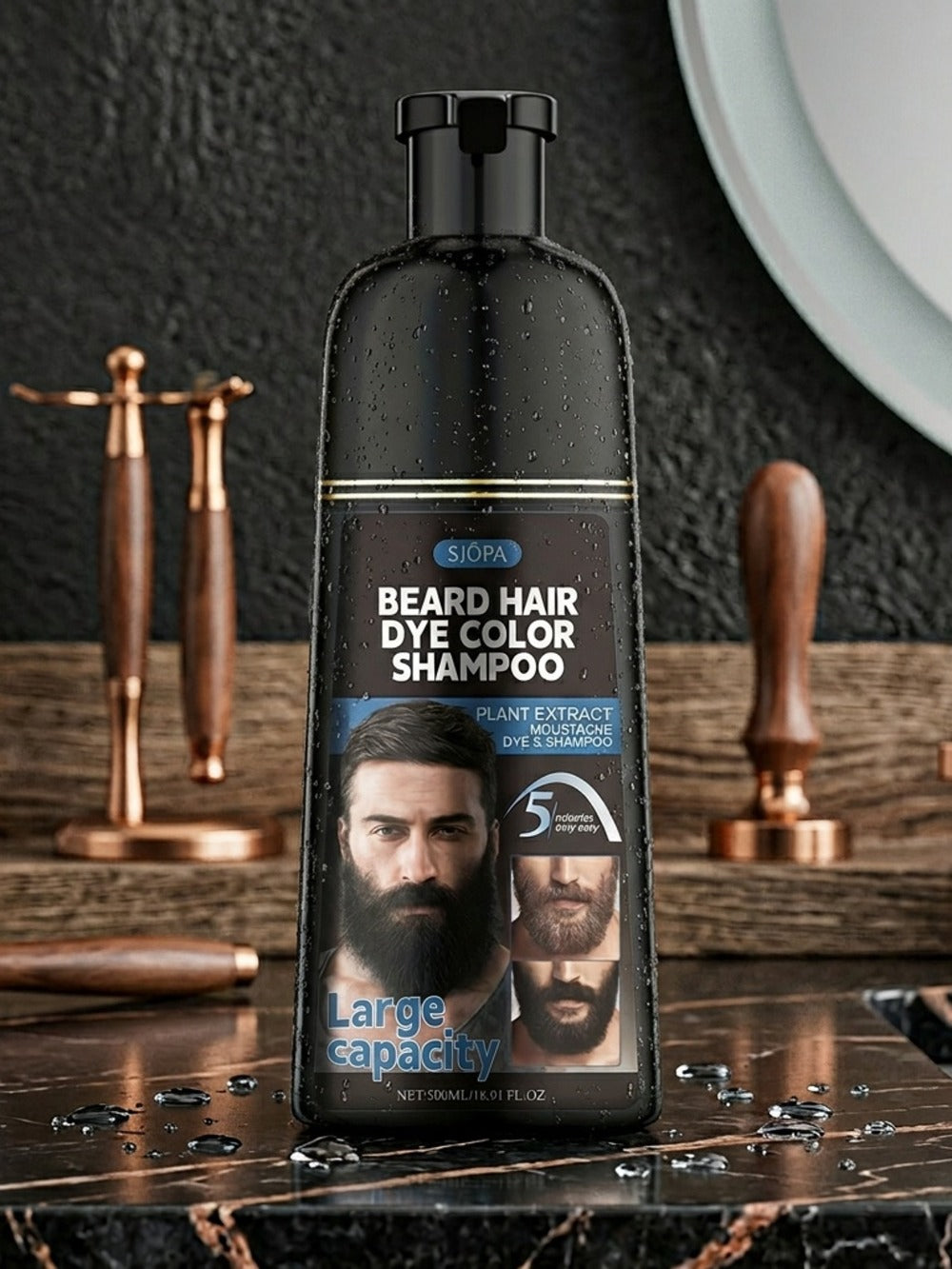 Black Beard Dye for Men 3-in-1 Hair & Beard Color - Fast Blackening in 10-15 Minutes, Nourishing & Skin-Safe Formula, Natural Look, Extra Large 500ml