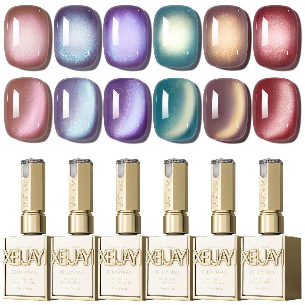 XEIJAYI Frame Bottle Aurora Cat Eye Set -- Ultra-Bright Aurora Cat Eye Nail Polish 6pcs Set, Trendy Spring Nail Art, Stylish Salon Artistic Cat Eye Gel, Shiny Luster with Changing Colors, Women's Nail Art Tools, Dazzling Cat Eye Nail Design.