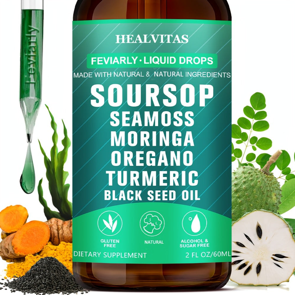 Soursop Liquid Drops | Soursop Bitters Liquid Drops 10in 1 with Sea Moss, Moringa, Turmeric, Black Seed Oil, Oregano, Ashwagandha | Herbal Extracts for Overall Health Supports