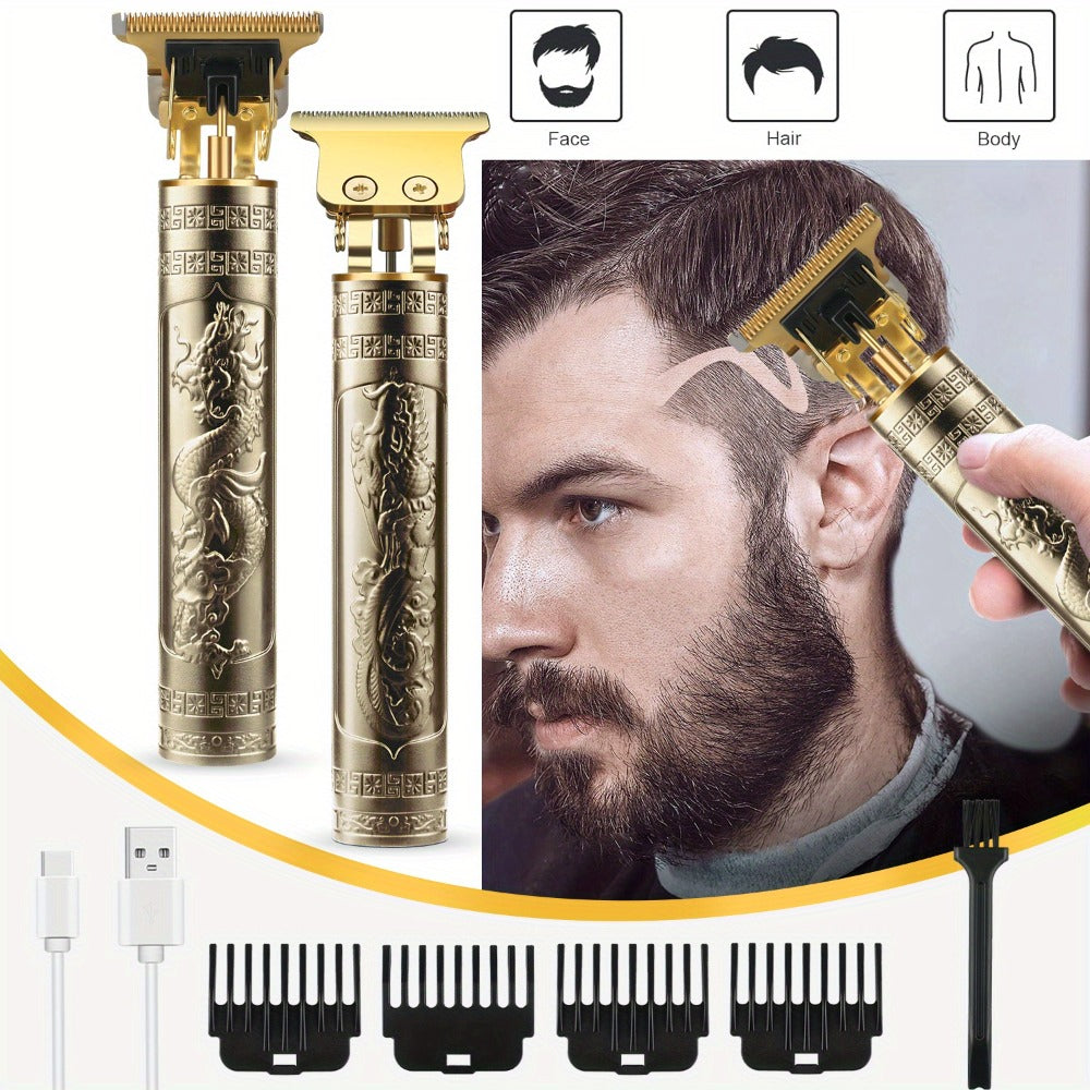 Electric Hair Trimmer for Men - Retro T-Blade Clipper, USB Rechargeable 1000mAh, 4 Guide Combs, 240-Min Runtime, Dragon & Buddha Designs, Black Bronze Blue Purple