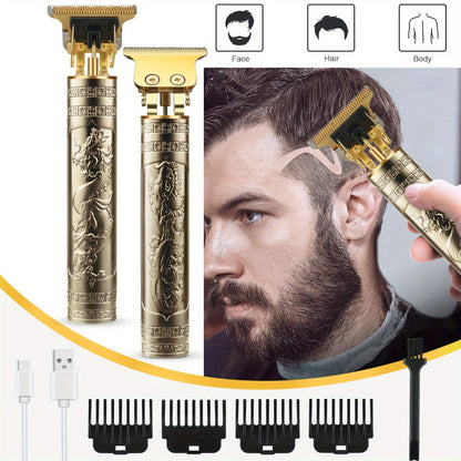 Electric Hair Trimmer for Men - Retro T-Blade Clipper, USB Rechargeable 1000mAh, 4 Guide Combs, 240-Min Runtime, Dragon & Buddha Designs, Black Bronze Blue Purple