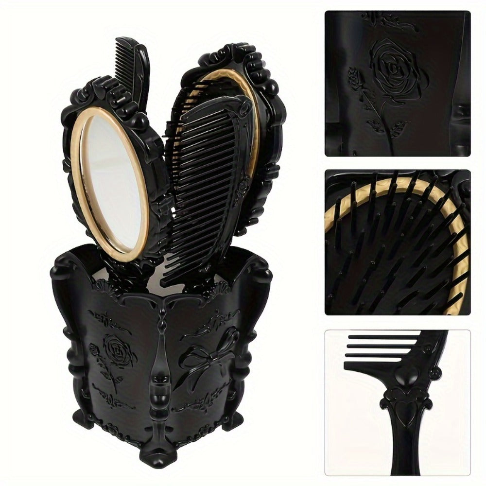 Black Mirror Comb Set, Scalp Massage Hairbrush with Mirror, Retro Hair Comb, Makeup Hair Comb