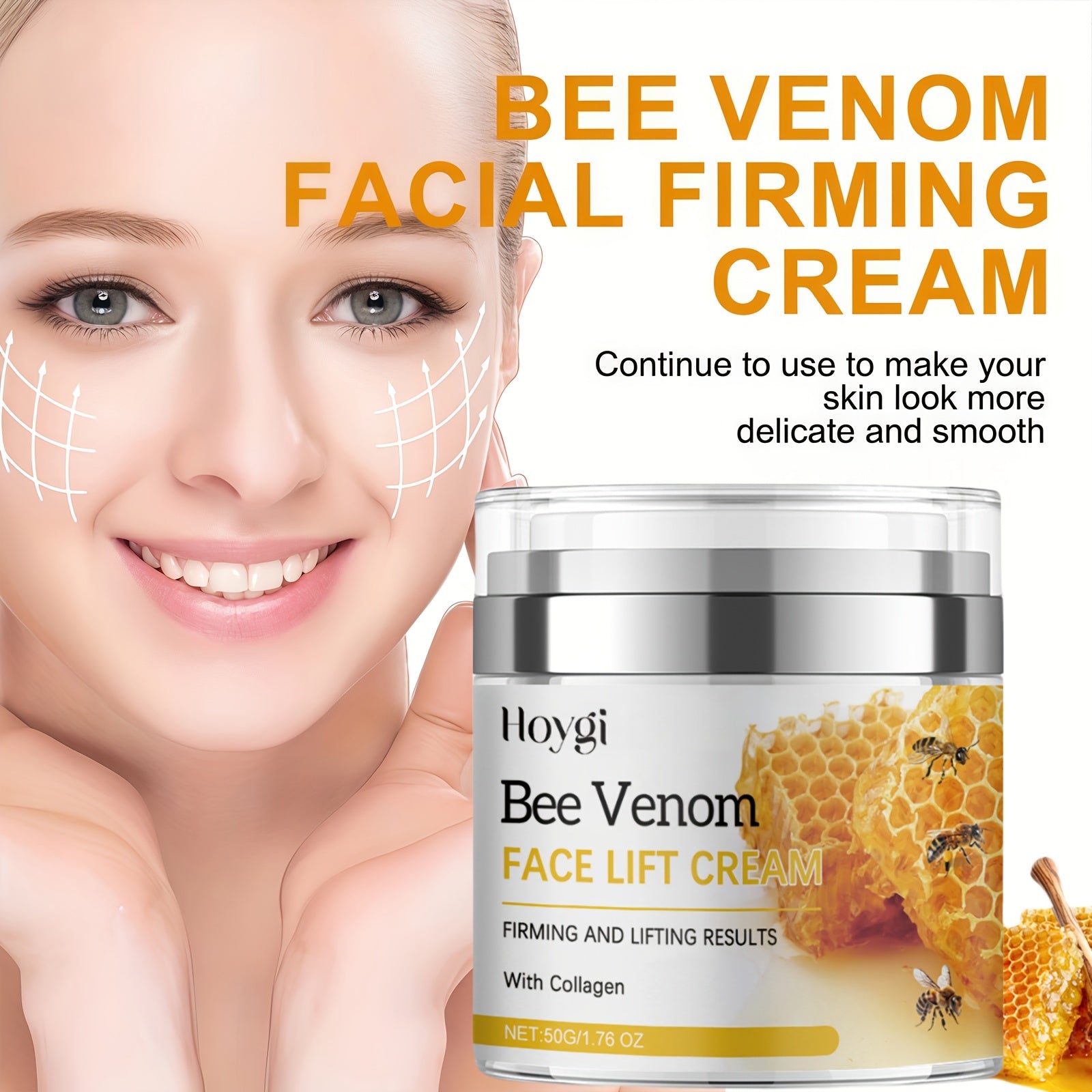 1.69oz Bee Venom Firming & Lifting Cream - Enriched with Hyaluronic Acid And Vitamin E to Deeply Hydrate And Moisturize, Even Skin Tone, Emollient And Radiant, Suitable for All Skin Types, Light Texture, Can Be Applied to The Face And Neck.