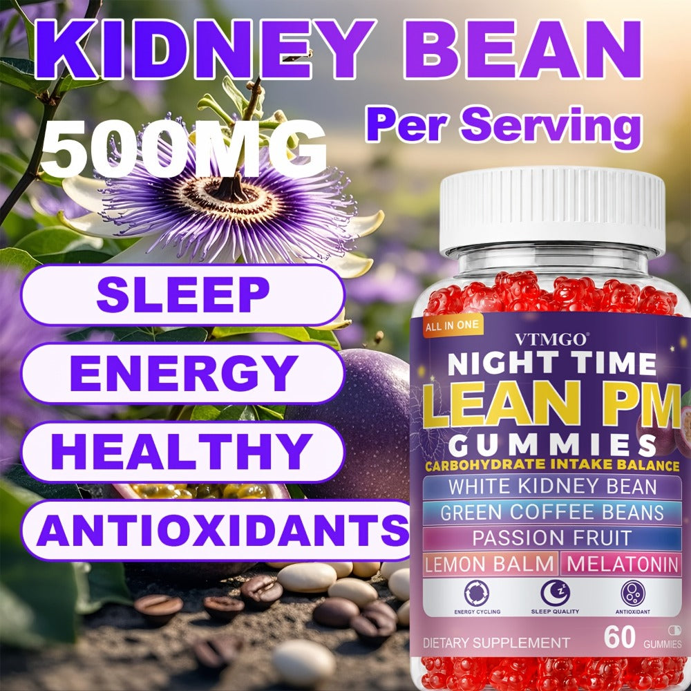 NIGHT TIME LEAN PM GUMMIES: White Kidney Beans, Green Coffee, Lemon Balm, Melatonin, Passionflower - Nature's Source Of Quiet Balance. Night Quietly Becomes The Starting Point for Health, Balance And Change.(60).(1/4/5 Bottles).Family & Holiday Gifts