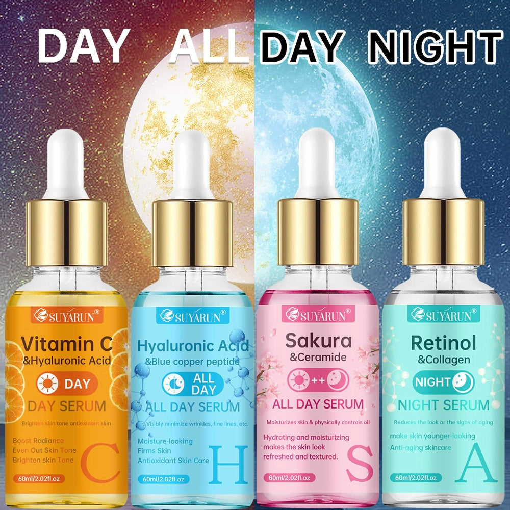 SUYARUN 4pcs Day And Night Vitamin C Retinol Hyaluronic Acid Cherry Blossom Ceramide Serum Set, with Collagen Aloe And Niacinamide, Brightens Light Beige, Firms Skin, Deeply Hydrates And Evens Light Beige. Unisex. Nourishing And Moisturizing