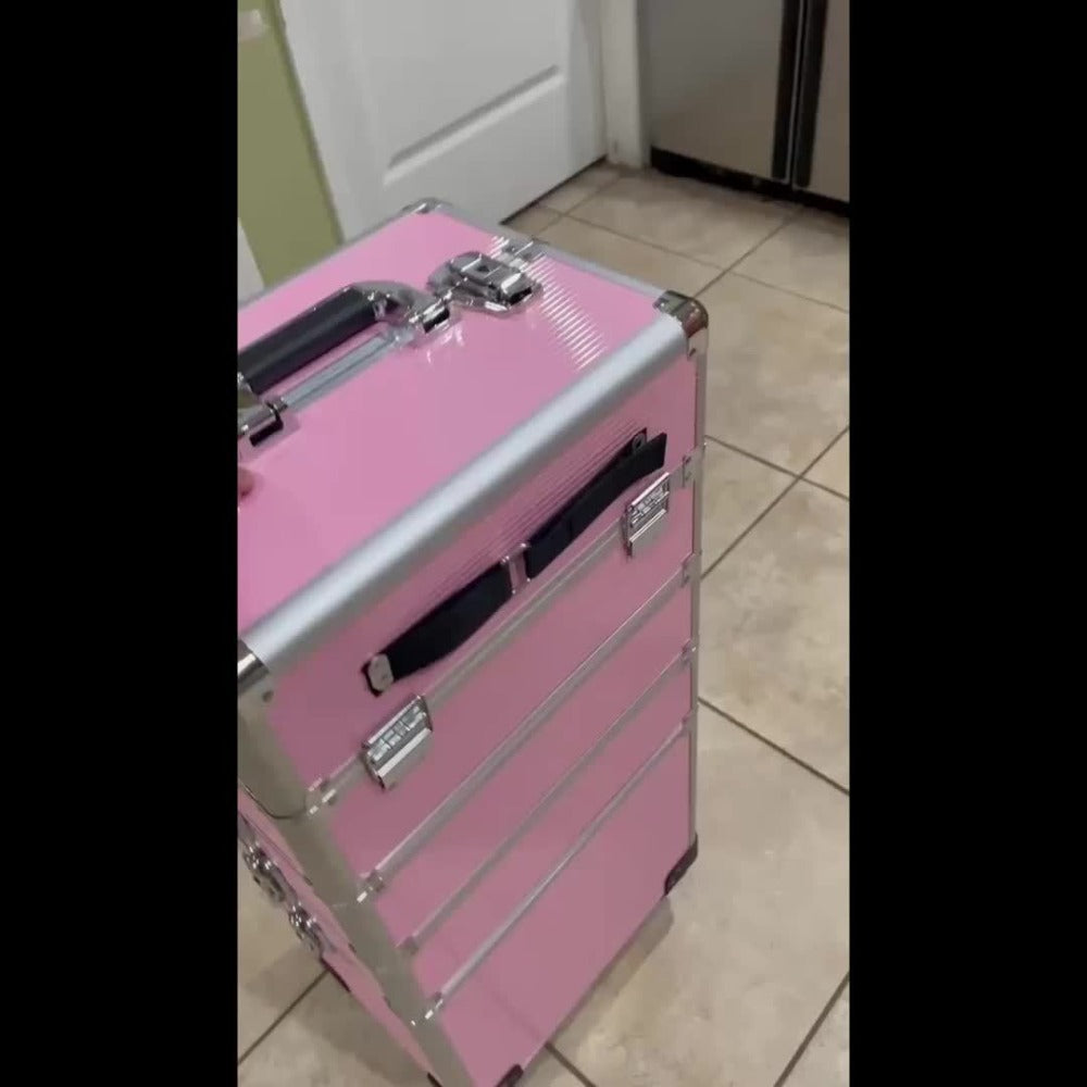 [With Wheels] 4in 1 Aluminum Cosmetic Professional Makeup Case Tattoo Box, Extra Large Cosmetic Case Rolling Makeup Case Trolley Makeup Travel Organizer with 360° Swivel Wheels Pink Black