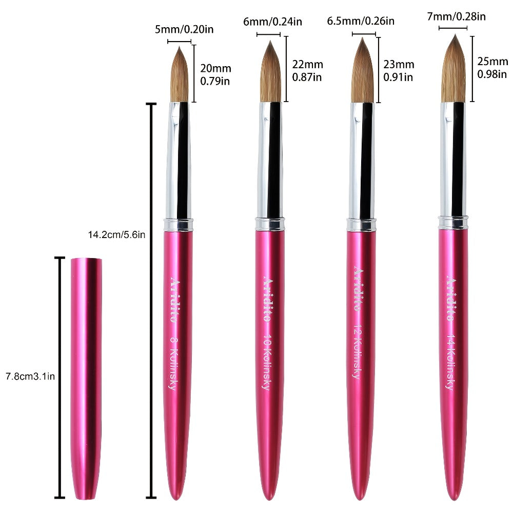 Aridito Professional Acrylic Nail Brush with 100% Kolinsky Hair - Flat Shape, Rose Red Handle & Cap for Manicure and Pedicure (Sizes 8, 10, 12, 14), Nail Art Accessories | Sleek Finish | Kolinsky Hair Bristles