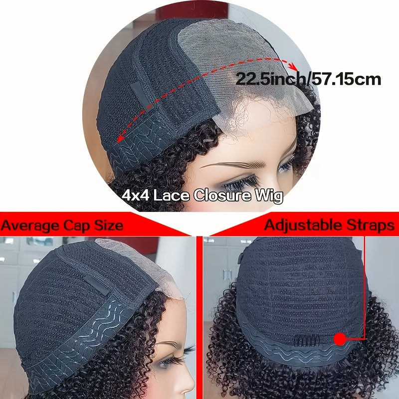 Kinky Curly 4*4 HD Lace Front Short Bob Wig - Human Hair Black Wigs with Elastic Band & Plucked Baby Hair, 4x4 Lace, Glueless Natural Look for, Stylish Hair Accessory, Short Hair Wig, Daily Natural Wig