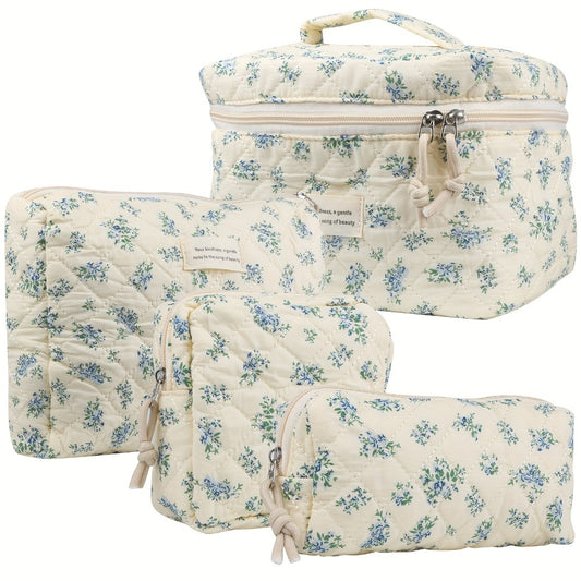 Cute Makeup Bag for Women (4 Pcs), Travel Cosmetic Bags, Quilted Coquette Aesthetic Floral Toiletry Organizer Bag