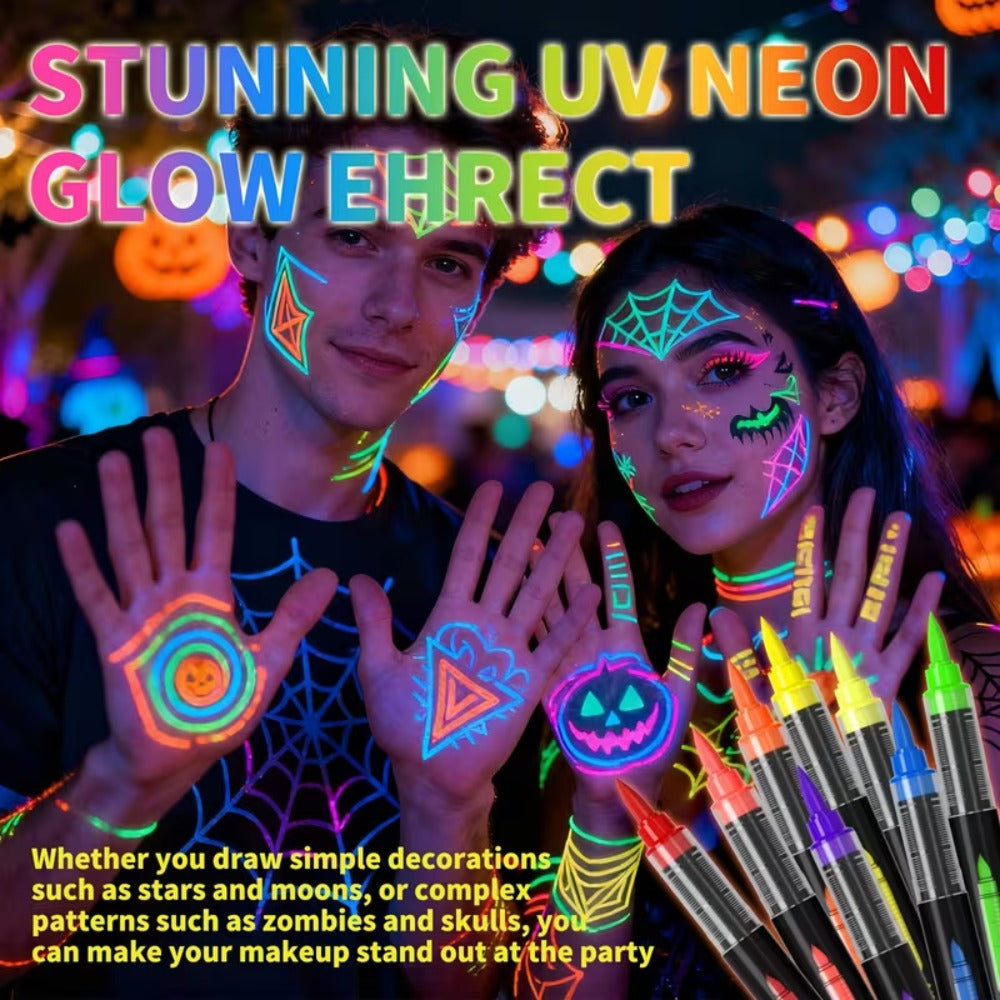 Face Body Paint Pen Set 8 Colors with 105 Tattoo Stencils - Glow in the Dark Neon Face Paint Easy Apply for Party Halloween Festival Stage Body Art