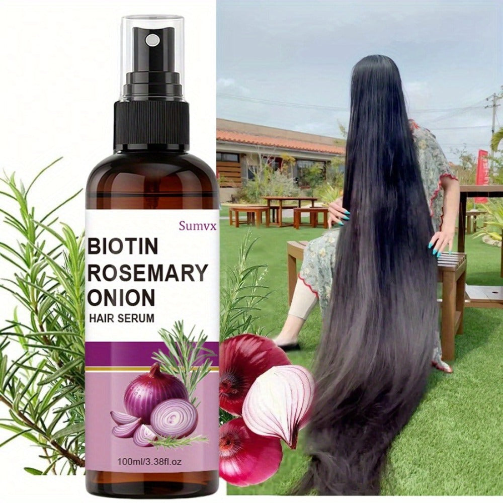 Hair Growth Serum Spray with Biotin, Rosemary & Onion Oil — Strengthening Leave-In Treatment for Damaged, Brittle Hair, Reduces Breakage & Frizz, Boosts Shine & Scalp Health, All Hair Types, 100ml
