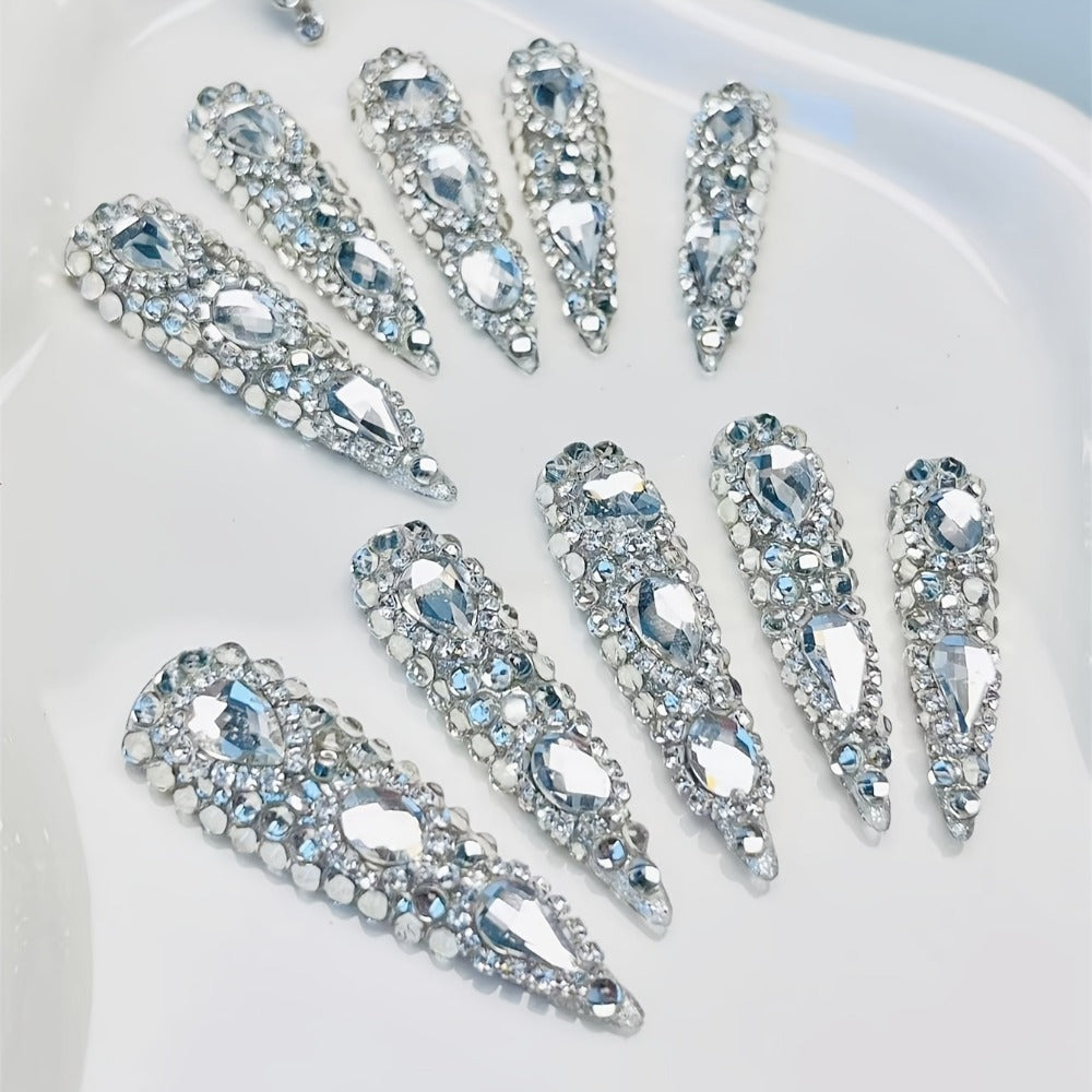 10pcs Handmade Press on Nails Kit Rhinestone Decor Luxury Extra Long Pointed Almond Nails Box Included Free Nail Tool Stickers Nail Charm DIY Salon Nail Art Party Christmas Silvery Acrylic Nail Y2K Nail Supplies Fake Nail Tip Poly Gel Nail Extension