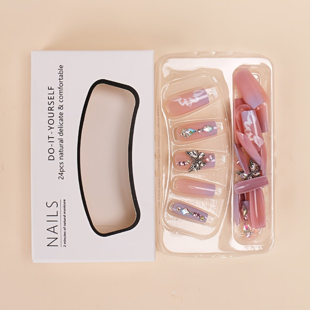 Press On Nails 96 Pieces 4 Packs + 4 Bracelets - Long Ballerina Fake Nails Blue Gradient 3D Flower Butterfly Rhinestone | Glossy Sparkling Full Cover False Nails & Beads Bangle Set for Women Girls