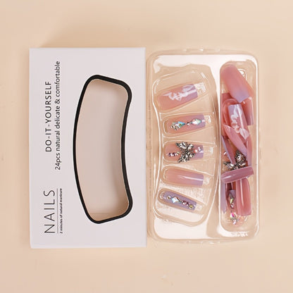Press On Nails 96 Pieces 4 Packs + 4 Bracelets - Long Ballerina Fake Nails Blue Gradient 3D Flower Butterfly Rhinestone | Glossy Sparkling Full Cover False Nails & Beads Bangle Set for Women Girls