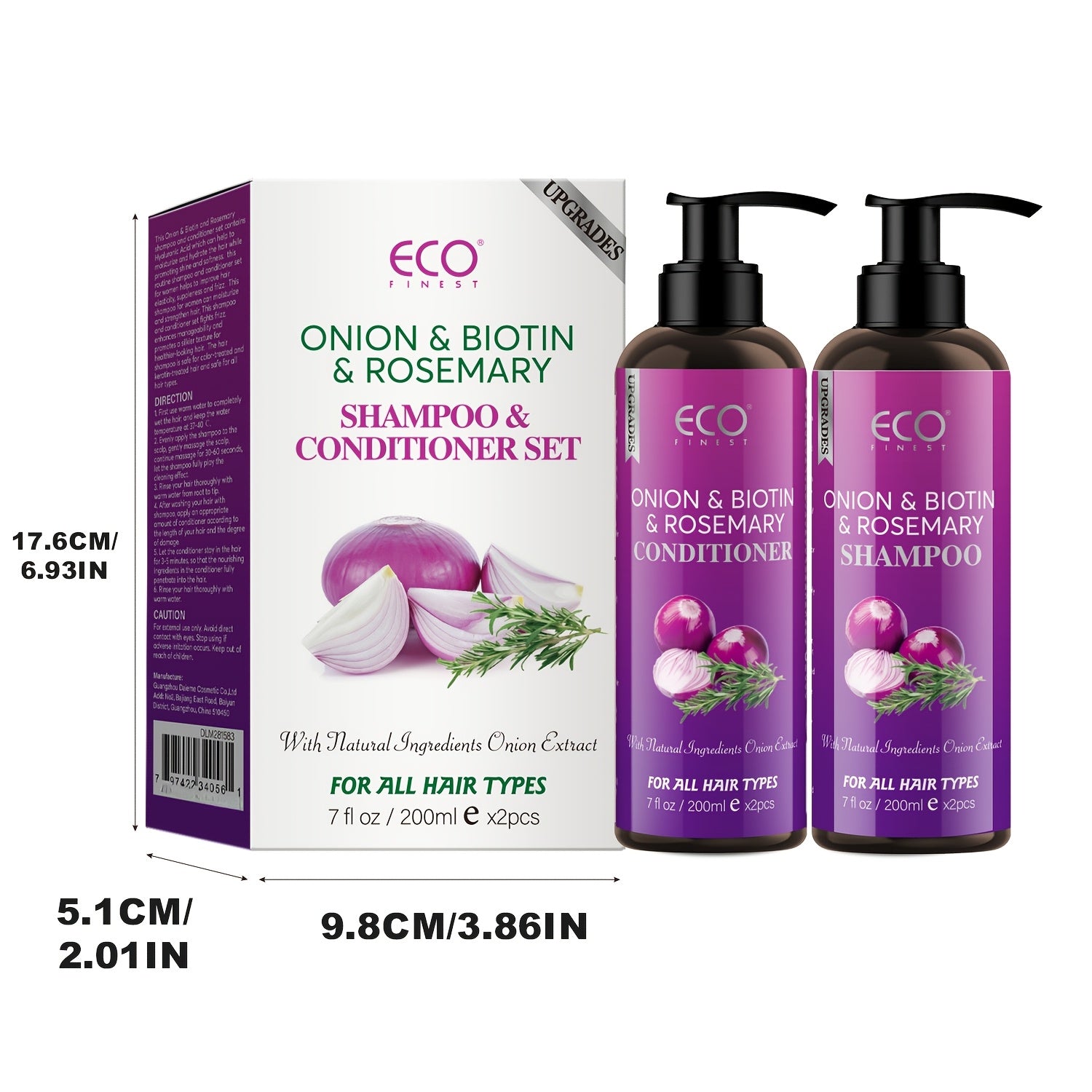 ECO Biotin & Rosemary Shampoo & Conditioner Set, Hydrate & Moisturize Hair, Oil Control, Natural Hair Moisturizer with Onion, Rosemary, Biotin & Jojoba, Gently Cleanses, Refreshing Hair, Make Hair Smooth & Soft, Strengthen Hair, Dry Hair, Scalp