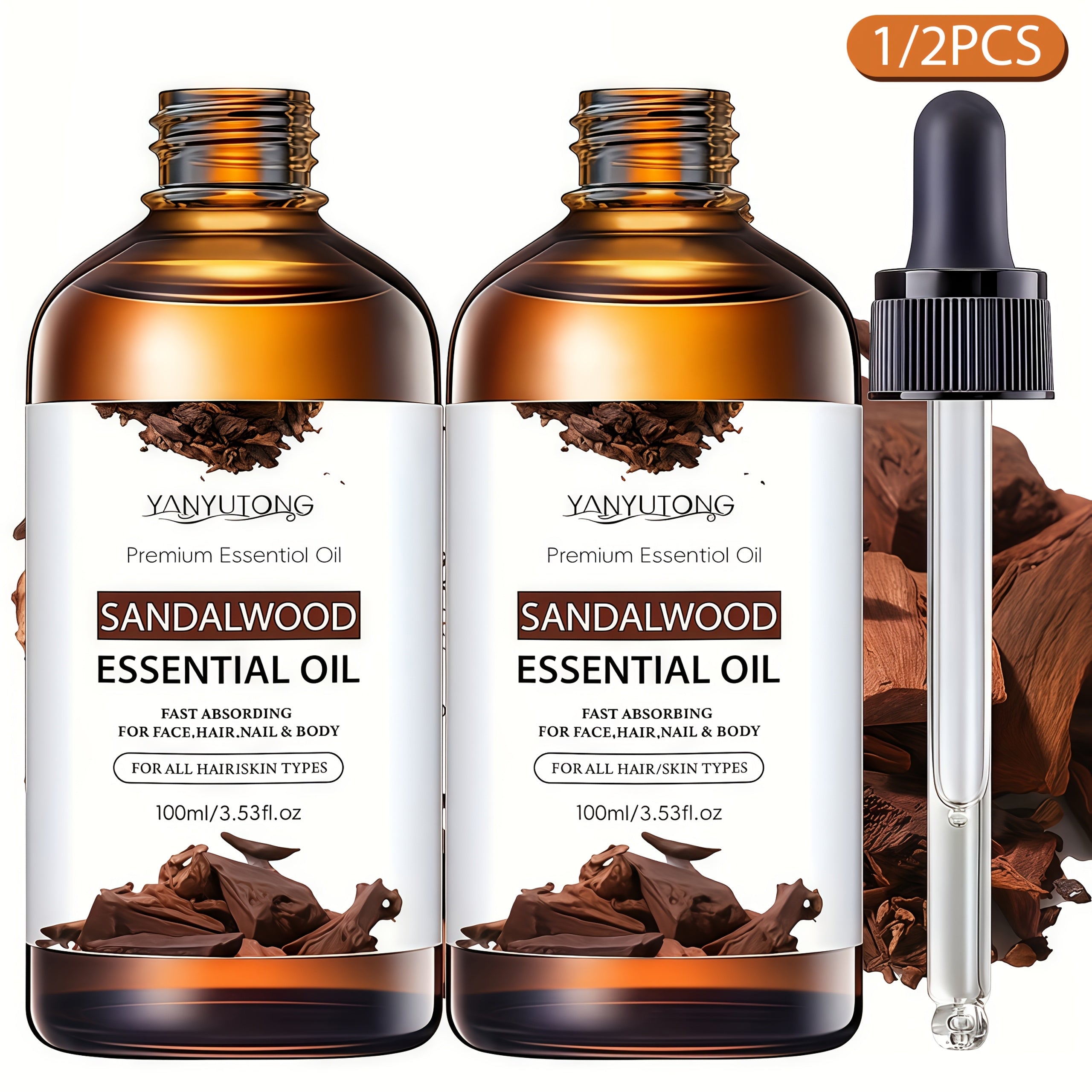 1/2 Bottles 3.38oz/1.01oz Sandalwood Essential Oil - Moisturizing Hair&Skin Care, Ideal For Massage, Shower, Skincare, Diffusion, Humidifier, Suitable For All Skin Types And Hair Types, Hair Care Essentials|Sandalwood Fragrance, Essential Oils For Hair