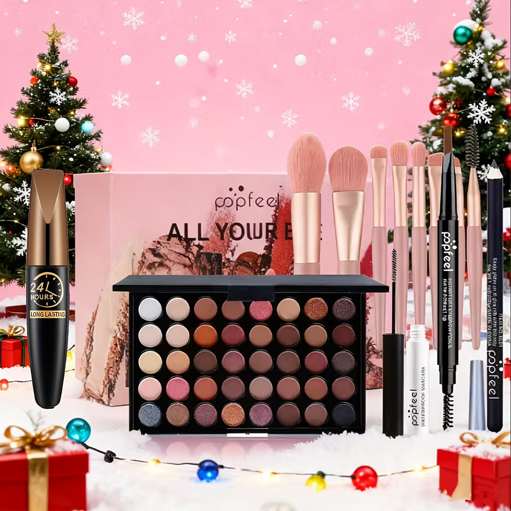 POPFEEL All-in-One Full Face Makeup Kit with Brush+Volumizing Mascara-Complete Beauty Set, Berry & Neutral Foundation, Blush, Eyeshadow Palette & Mascara Suitable for Gifts Or Personal Use, Comprehensive Powder-Based Makeup Collection