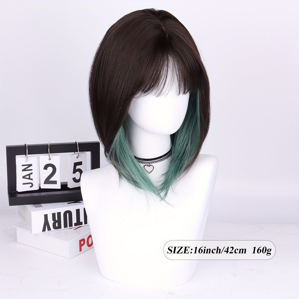 Women's Dark Black Green Ombre 16-Inch Short Bob Straight Wig with Bangs - High-Density 150% Synthetic Hair, Rose Net Cap for Halloween, Christmas, Cosplay & Parties - Elegant Style, Suitable for All Ethnicities, Party Accessory