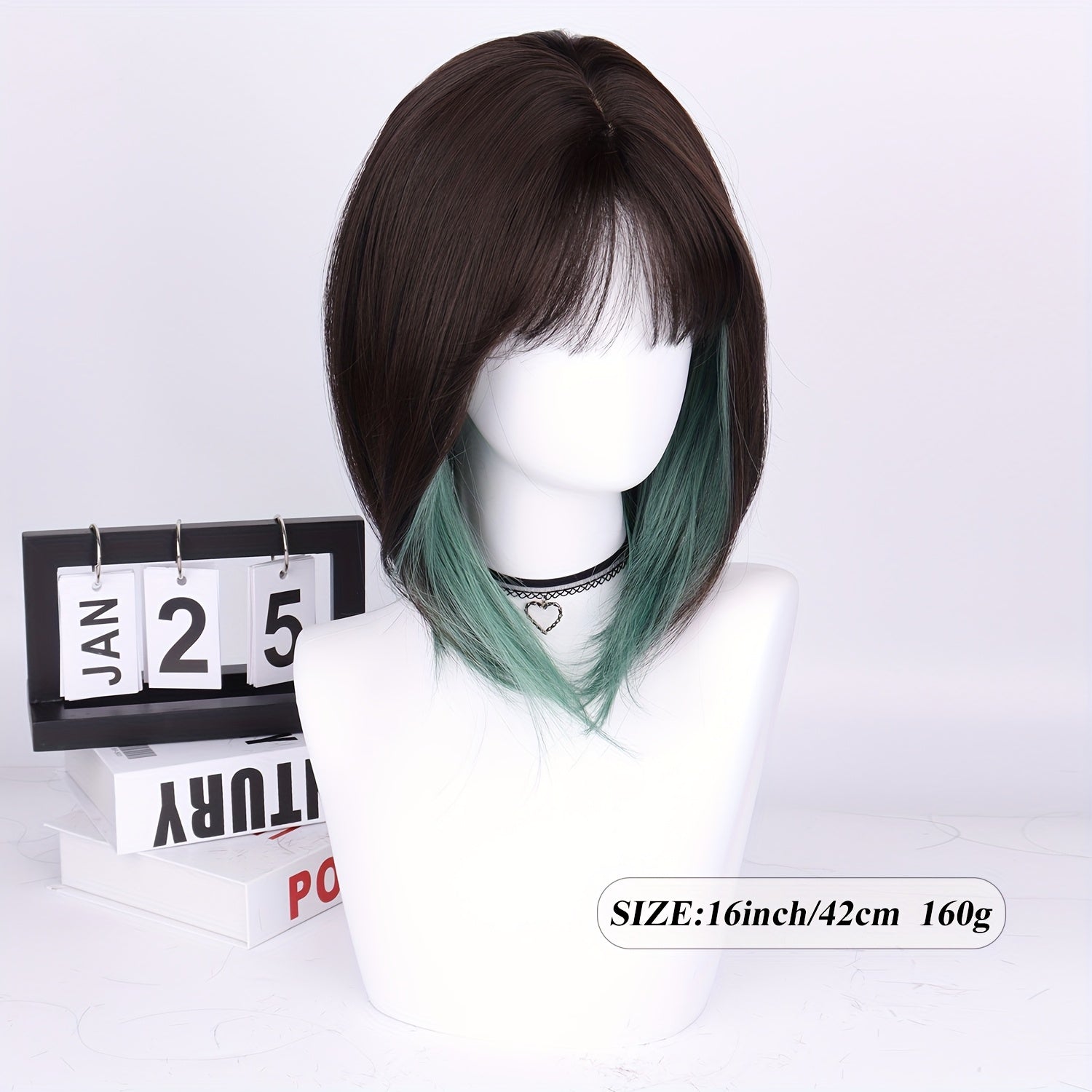 Women's Dark Black Green Ombre 16-Inch Short Bob Straight Wig with Bangs - High-Density 150% Synthetic Hair, Rose Net Cap for Halloween, Christmas, Cosplay & Parties - Elegant Style, Suitable for All Ethnicities, Party Accessory