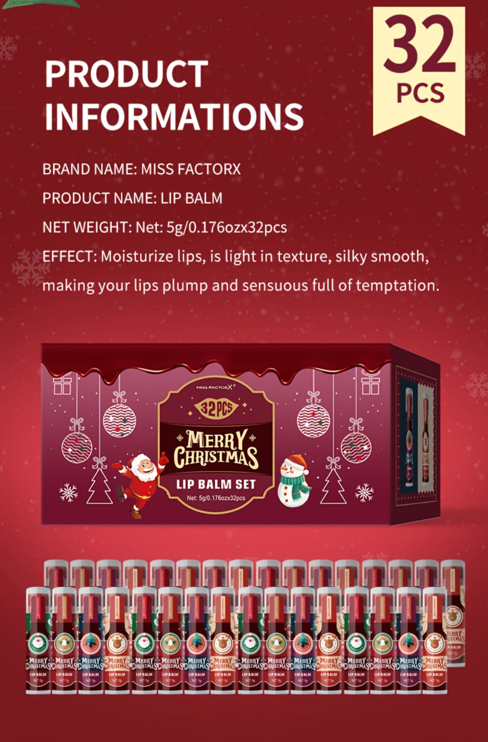 32pcs MISS FACTOR Christmas Lip Gloss & Balm Set - Long-Lasting Hydration, Holiday Gift Bo with Lipstick-like Tubes for Women & Men, Christmas Lip Balm, Fancy Lip Balms, Smudge Proof Lipstick, Christmas Lip Balm Set, Lipstick for Women Matte