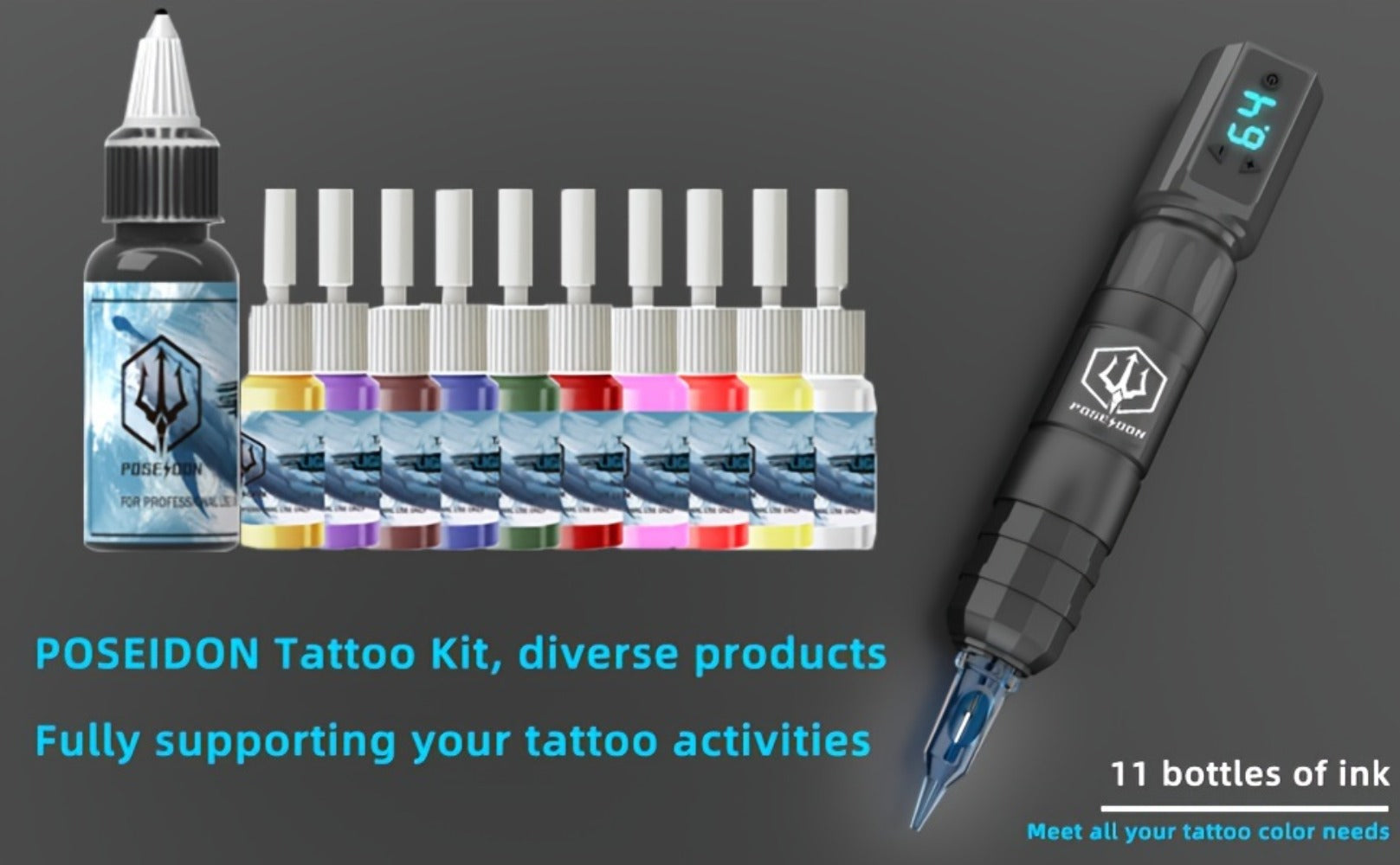 POSEIDON Tattoo Kit - Tattoo Machine Kit Tattoo Gun Kit with 20pcs Cartridge Needles Tattoo Pen Kit for Beginners Rotary Tattoo Machine Pen Kit Complete Tattoo Kit Tattoo Supplies