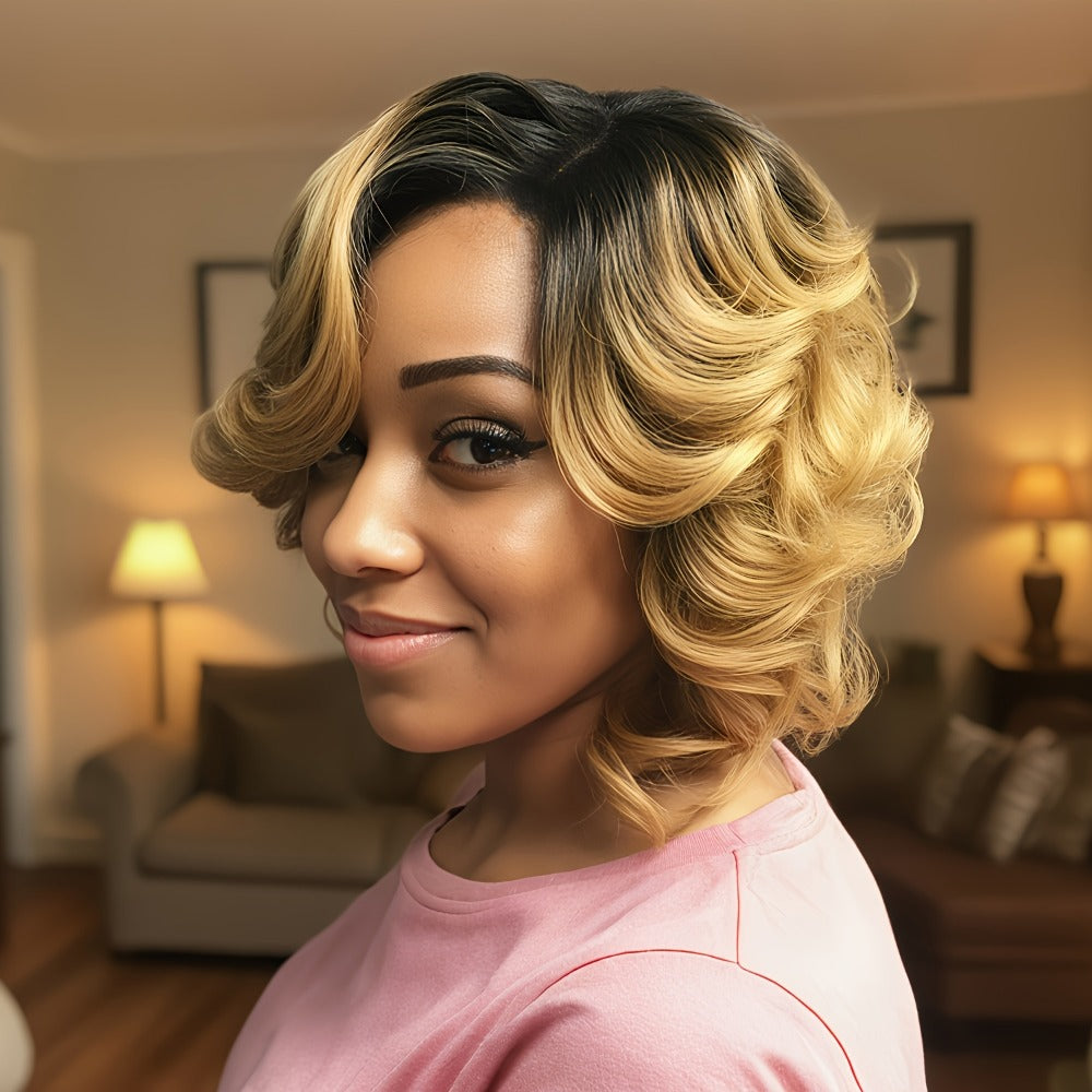Ombre Blonde Wave Bob Wig Synthetic Hair Dark Roots Curly Wavy 12 Inch Beginner Friendly Wig for Women Halloween Christmas Party Cosplay