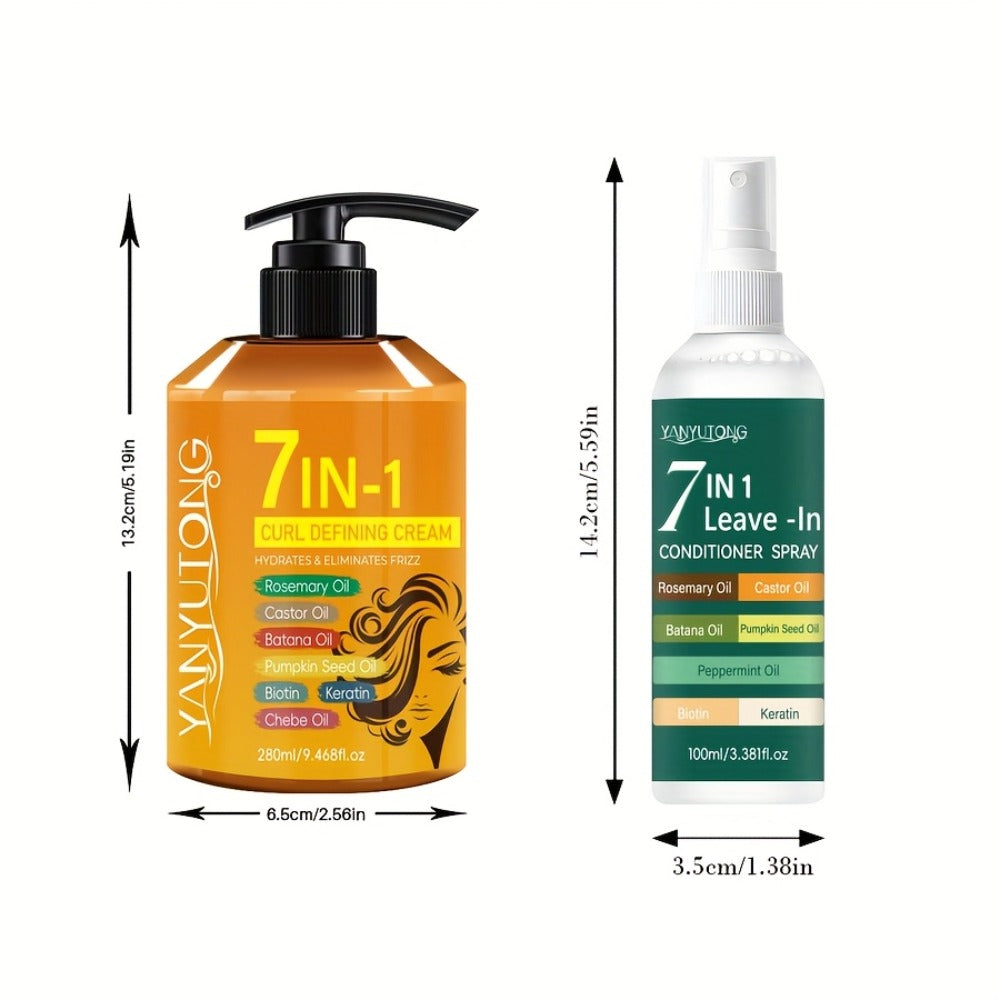 Hair Styling Cream & Leave-In Spray 2-Pack 7-in-1 Formula with Rosemary Castor Batana Pumpkin Seed Oils - Anti-Frizz Moisture Curl Enhancer for All Hair Types 9.47oz + 3.38oz