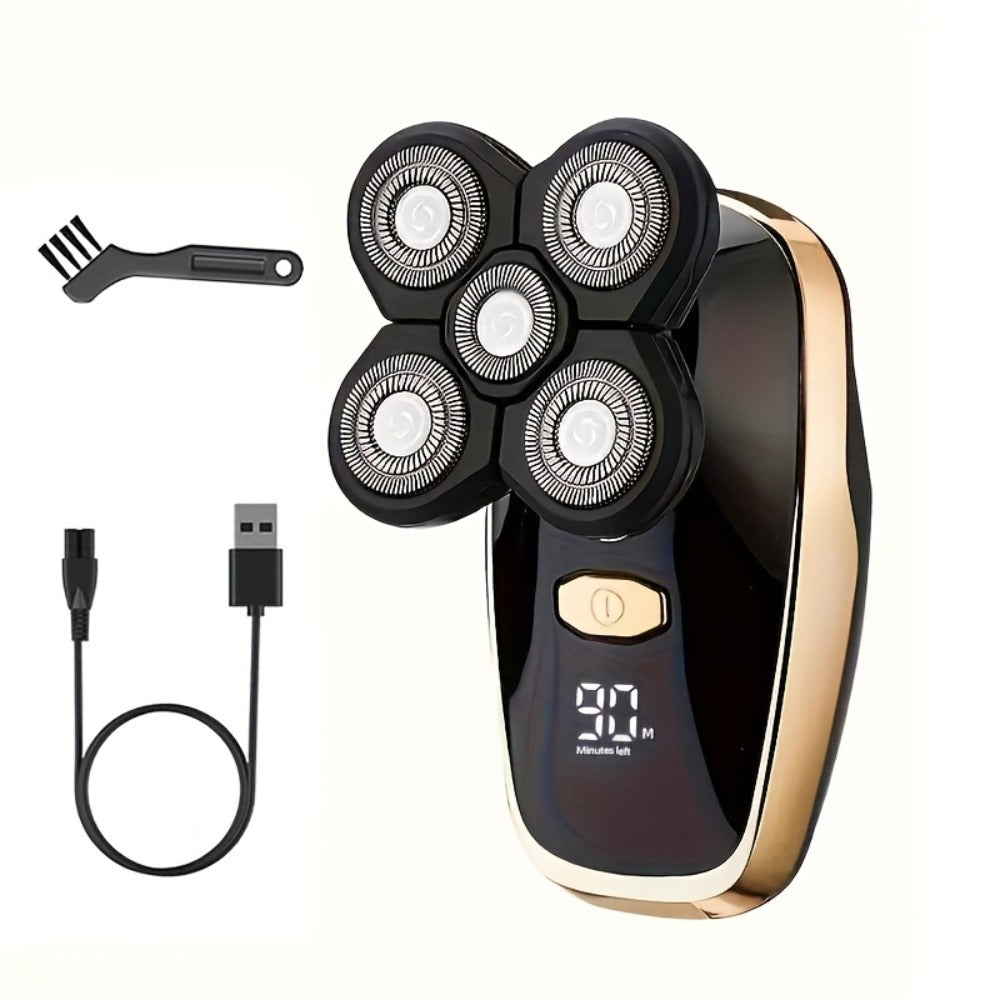 5-in-1 Premium Electric Shaver Kit for Men - Wet/Dry Rotary Shaver with Digital Display/ No Display Function for Bald Head, Beard, Nose, Ear, Body Grooming with Rechargeable Cordless Design, Face Cleaning Brush, And Travel Bag - Ideal Gifts for Him