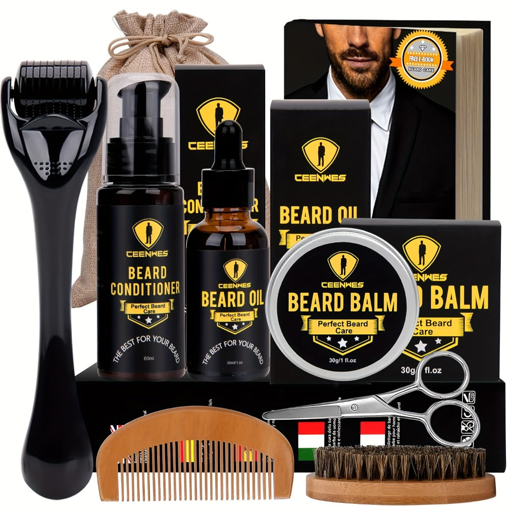 1 Set Upgraded Beard Grooming Kit, Men's Beard Care Kit with Beard Conditioner, Beard Oil, Beard Brush, Beard Comb, Beard Scissors And Storage Bag for Father. Valentine's Day Gift for Boyfriend, Male Friend, Birthday Gift