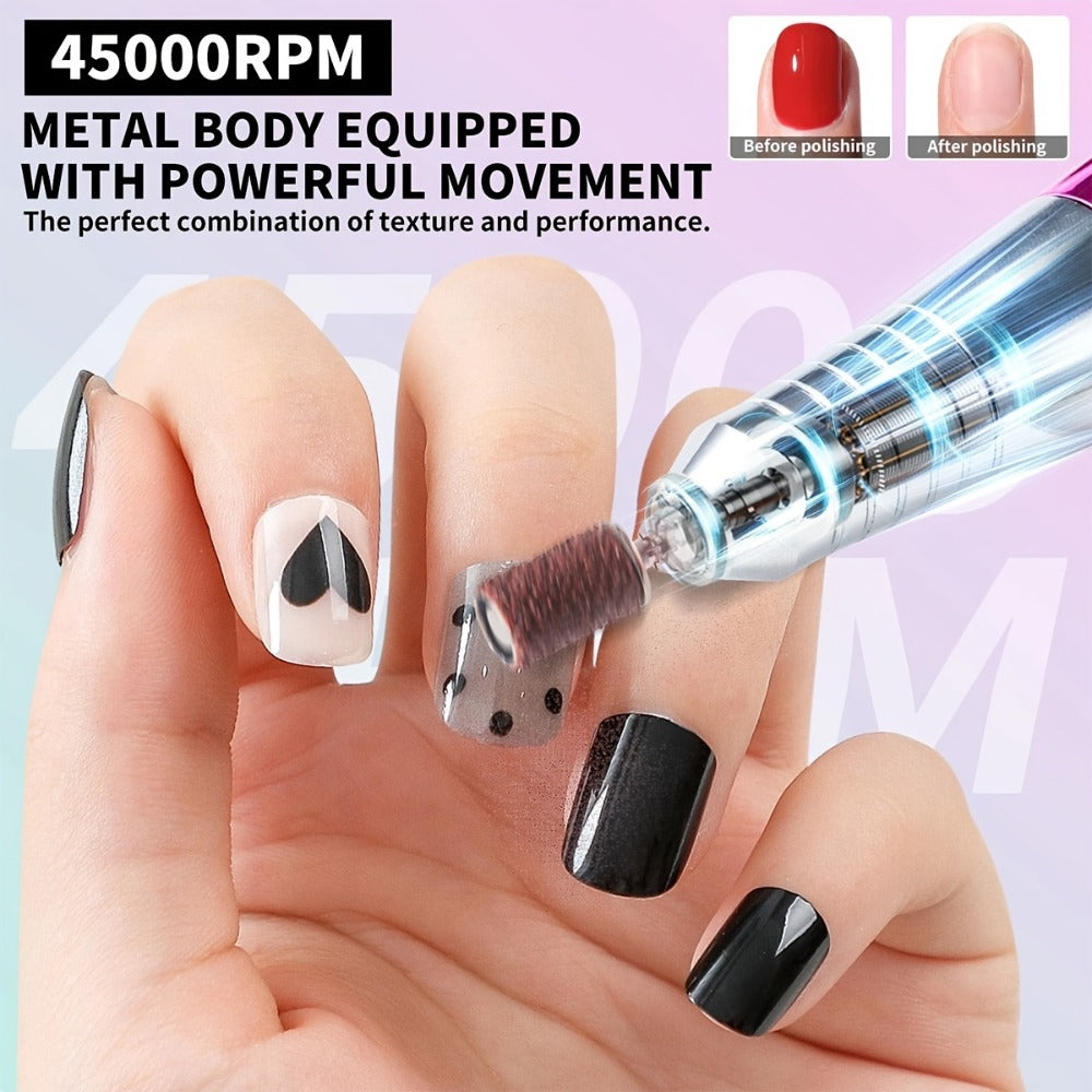 Electric Nail Drill Machine 45000RPM Professional Nail File Cordless Rechargeable Nail Efile for Acrylic Gel Nails Manicure Pedicure Polishing Shape Tools for Salon Home Use Nail Drill