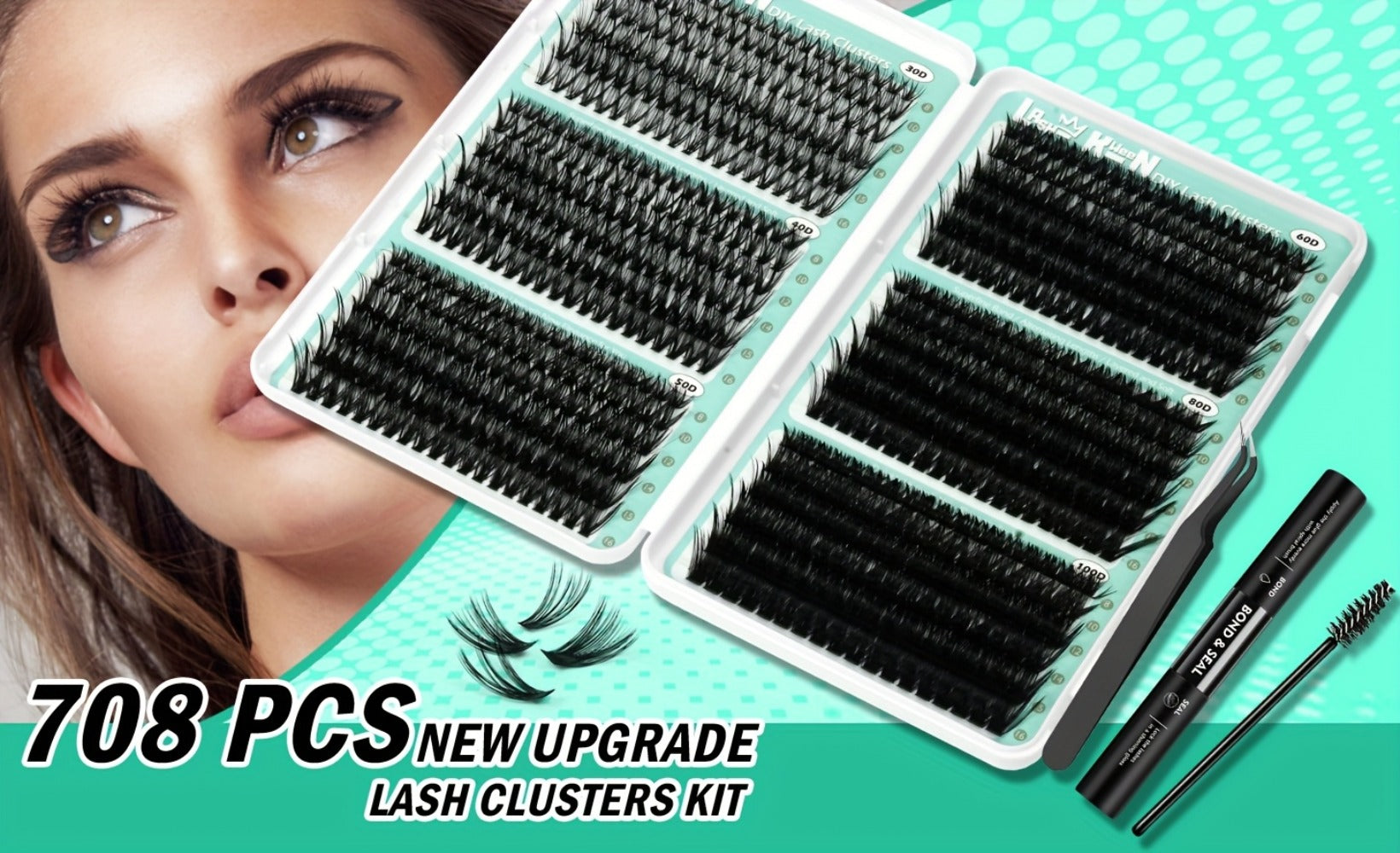 708pcs Mega Lash Clusters Kit with Tweezers Glue & Brush, Ultimate False Eyelashes Collection for Party Wedding Daily Makeup, Soft Silky Fiber Lashes, Full Voluminous Easy Apply Lash Extension Set