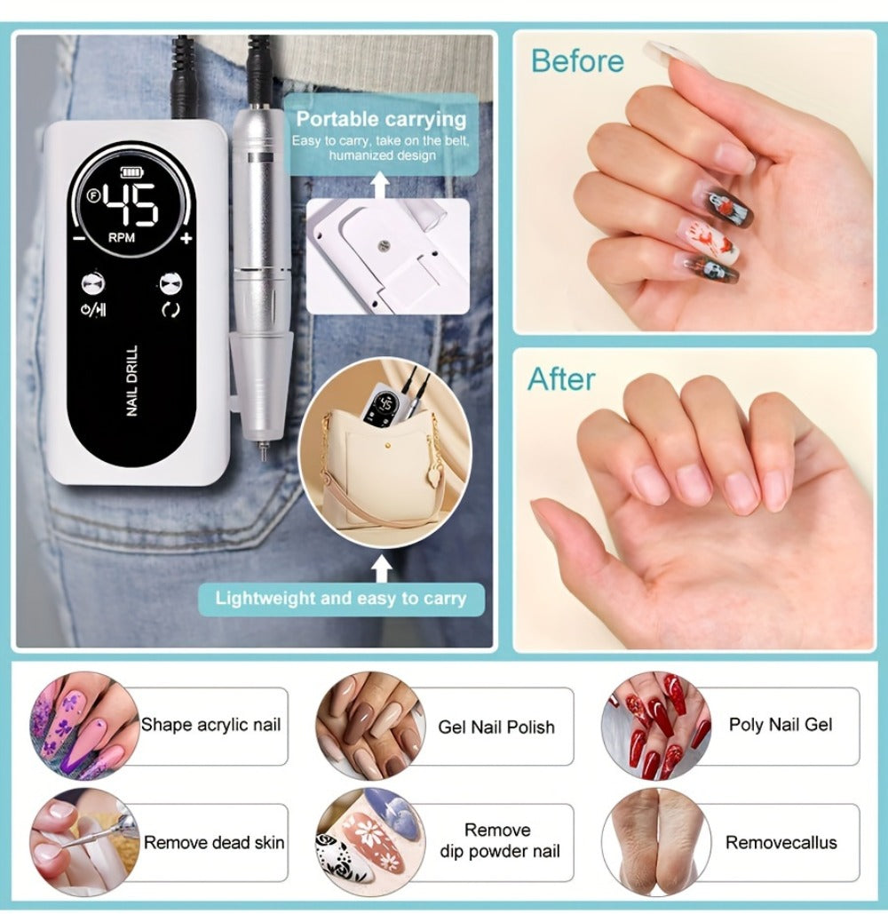 45000RPM Adjustable Speed Low-noise Nail Drill Cordless Display Power Portable Nail File Nail Grinder Suitable for Home Nail Salon Gel Nail Polishing for Nail Salon And Home