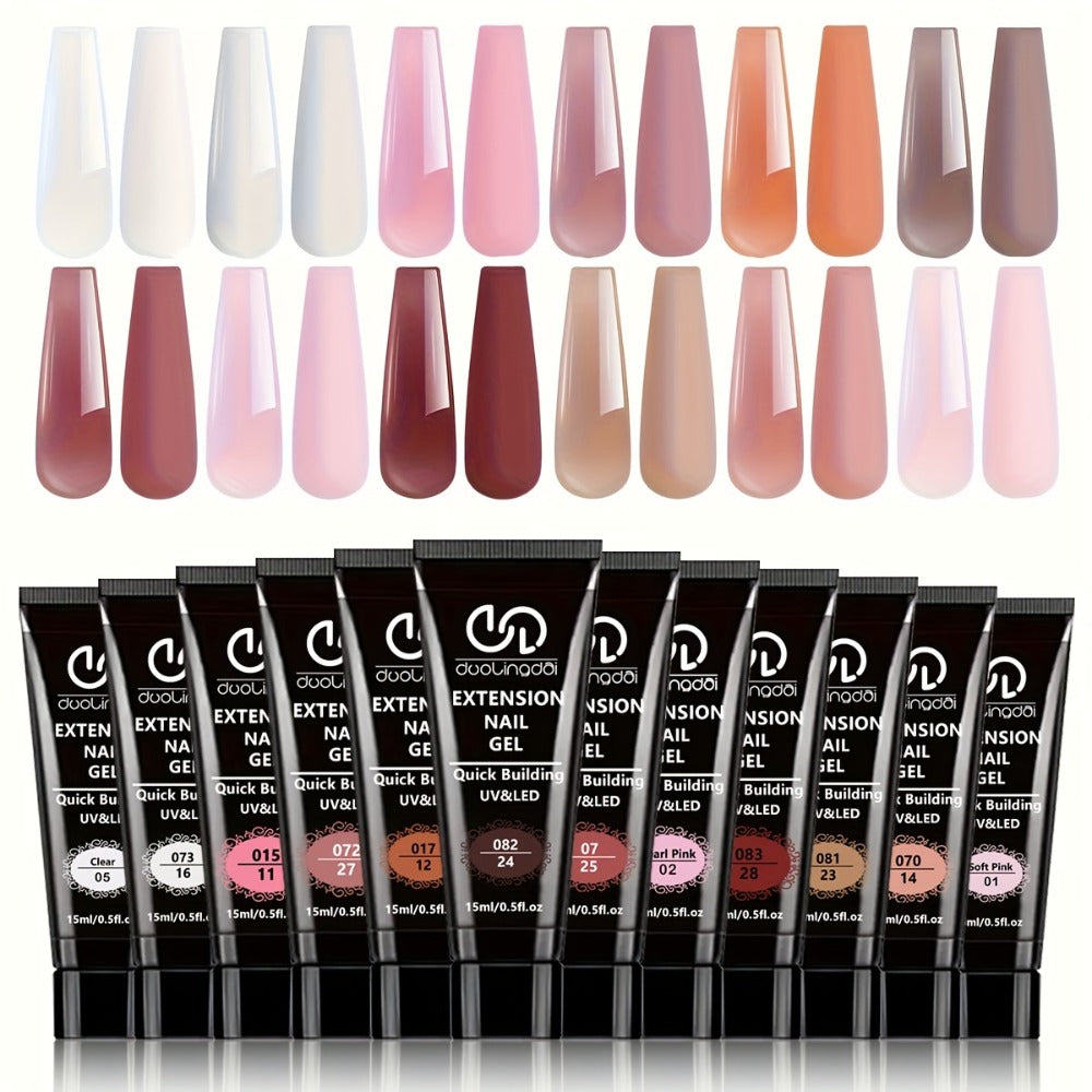 Duolingdai Poly Extension Gel Nail Kit, Featuring 12 Shades Of Nail Extension Gel, Is A Semi-Permanent Hard Fiber Gel That Is Easy to Apply for Nail Protection. Making It A Perfect DIY Starter Set for Girls' Nail Care.