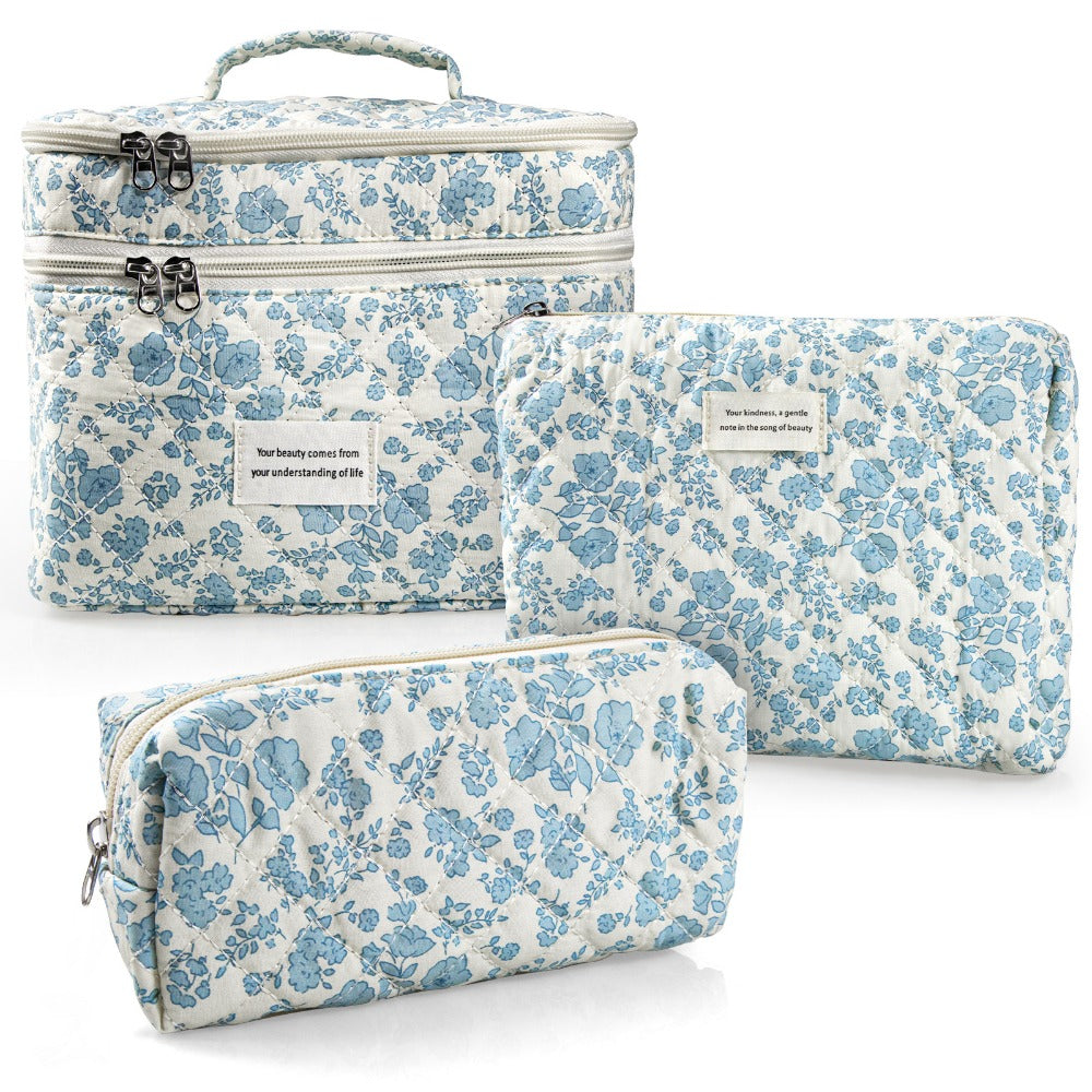 Large Capacity Dual Layer Cotton Makeup Cosmetic Bag (3PCS), Cute Quilted Travel Coquette Aesthetic Floral Make up Bag for Women Toiletry Bag (Blue Rose)
