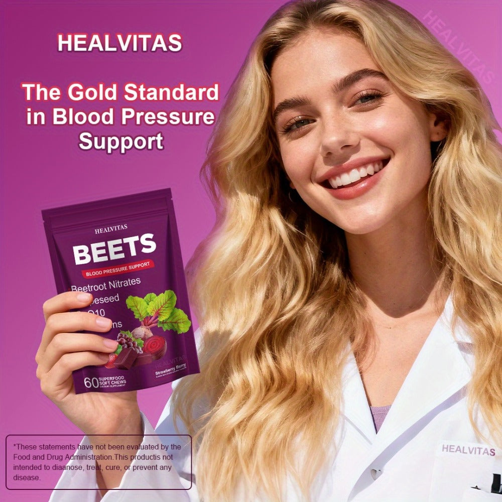 Super Beets All-in-One Beet Root Gummies & Chews - Beet Powder with Vitamins B12/B6, CoQ10 & Grapeseed - Heart Health Support, Blood Pressure Health Supplement, Blood Flow Booster - Chewable Vitamins for Blood Pressure Support 1pc/2pcs/3pcs
