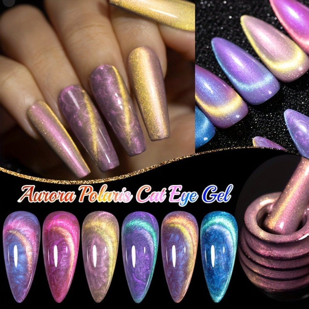 PUENTE 6pcs/set Aurora Shell Thread Cat Magnetic Gel Nail Polish With Magnet Semi-Permanent Nail Art 9D Aurora Glitter Pearl Cat Eye Gel Varnish, Soak Off Light Cured, Manicure Kit For Home Nail Salon Gift For Women