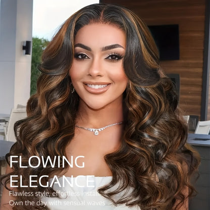 Human Hair Lace Front Wig 200% Density Brown Highlights — Pre-Plucked Glueless Long Wavy Black Brown Highlighted Wig, Heat Friendly 12"-32" Everyday Wear