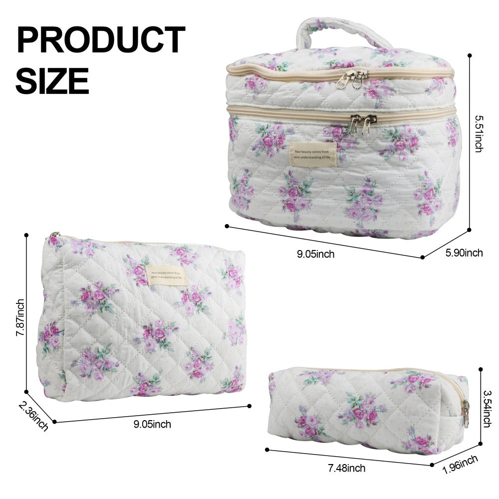 Large Capacity Dual Layer Cotton Makeup Cosmetic Bag (3PCS), Cute Quilted Travel Coquette Aesthetic Floral Make up Bag for Women Toiletry Bag (Blue Rose)