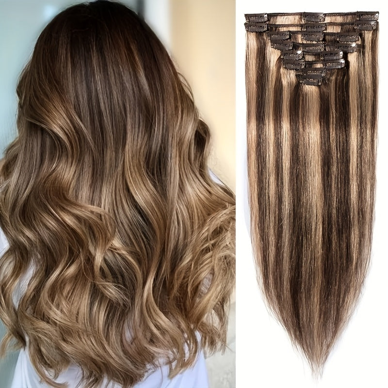 Clip In Human Hair Extensions Straight Remy Hair – 8 Piece Full Head Set with Highlighted Blonde Colors, Natural Seamless Look for Women, 8–24 Inch